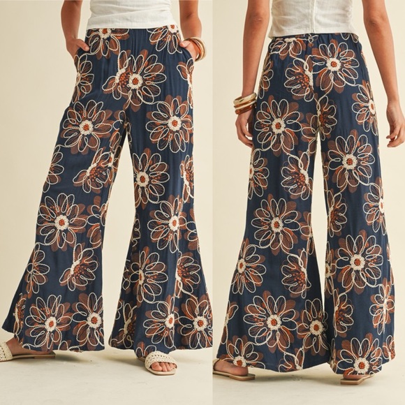 Anthropologie Pants - Navy blue floral embroidered print Flare Wide leg bohemian boho Long Pants